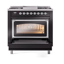 ILVE Nostalgie II Noblesse 36-Inch Natural Gas Dual Fuel Range and Triple Glass Door in Glossy Black with Chrome Trim (UN36FNMPBKC)