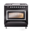 ILVE Nostalgie II Noblesse 36-Inch Propane Gas Dual Fuel Range and Triple Glass Door in Glossy Black with Chrome Trim (UN36FNMPBKCLP)