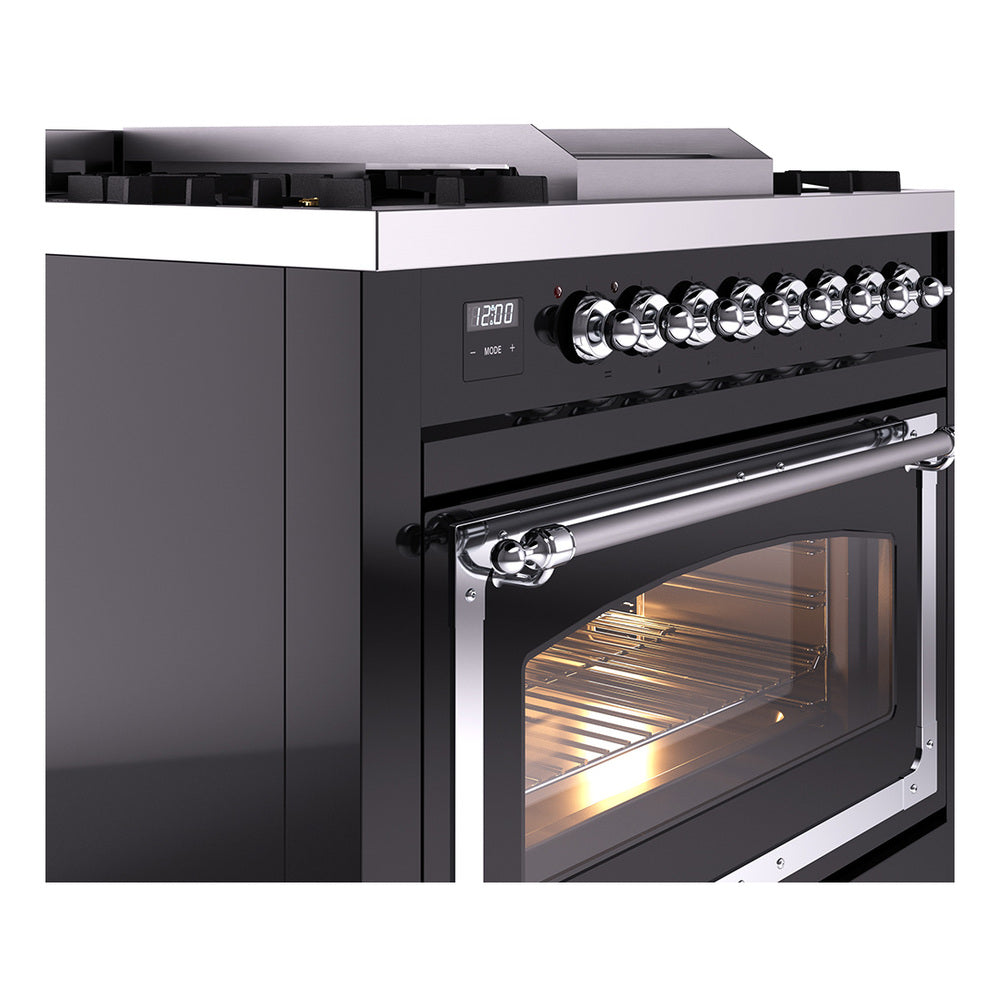 Glossy black dual fuel range side view with chrome knobs and open oven door