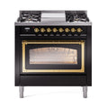 ILVE Nostalgie II Noblesse 36-Inch Natural Gas Dual Fuel Range and Triple Glass Door in Glossy Black with Brass Trim (UN36FNMPBKG)