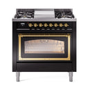 ILVE Nostalgie II Noblesse 36-Inch Natural Gas Dual Fuel Range and Triple Glass Door in Glossy Black with Brass Trim (UN36FNMPBKG)