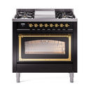 ILVE Nostalgie II Noblesse 36-Inch Propane Gas Dual Fuel Range and Triple Glass Door in Glossy Black with Brass Trim (UN36FNMPBKGLP)