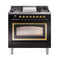 ILVE Nostalgie II Noblesse 36-Inch Propane Gas Dual Fuel Range and Triple Glass Door in Glossy Black with Brass Trim (UN36FNMPBKGLP)