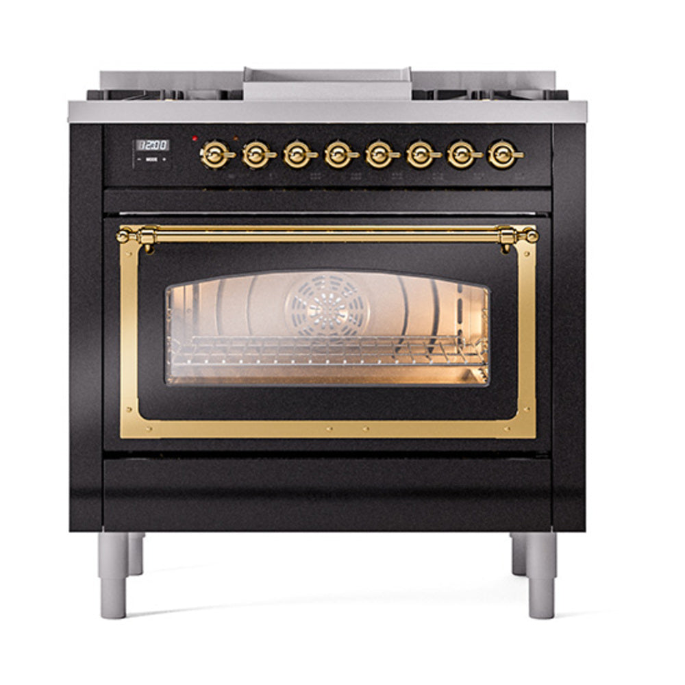 Glossy black 36-inch gas dual fuel range with oven door open and brass trim