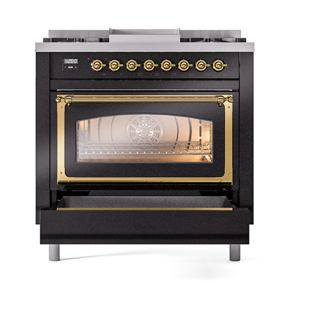 Narrow view of glossy black oven door with brass trim and control panel above