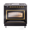 ILVE Nostalgie II Noblesse 36-Inch Natural Gas Dual Fuel Range and Triple Glass Door in Glossy Black with Brass Trim (UN36FNMPBKG)