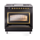 ILVE Nostalgie II Noblesse 36-Inch Propane Gas Dual Fuel Range and Triple Glass Door in Glossy Black with Brass Trim (UN36FNMPBKGLP)