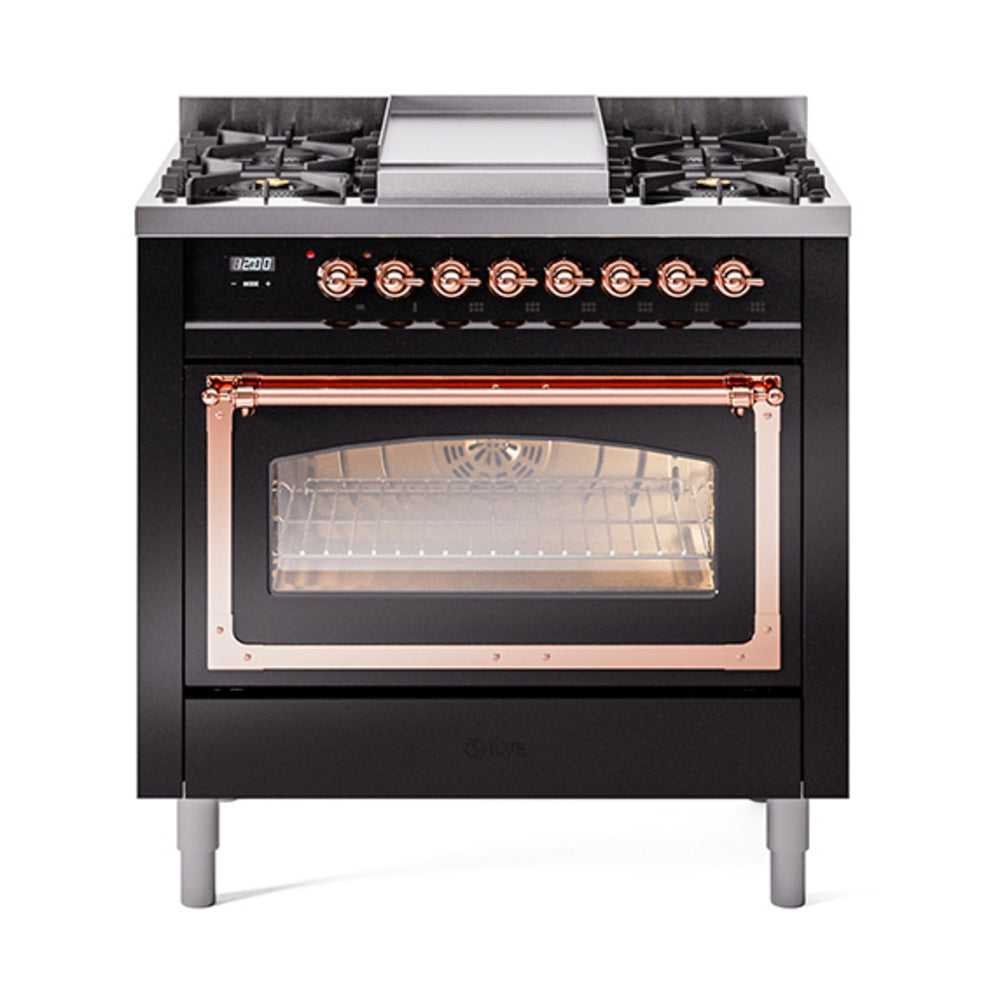 ILVE glossy black propane dual fuel range with copper-trimmed oven door and burners