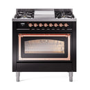 ILVE Nostalgie II Noblesse 36-Inch Propane Gas Dual Fuel Range and Triple Glass Door in Glossy Black with Copper Trim (UN36FNMPBKPLP)