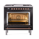 ILVE Nostalgie II Noblesse 36-Inch Natural Gas Dual Fuel Range and Triple Glass Door in Glossy Black with Copper Trim (UN36FNMPBKP)
