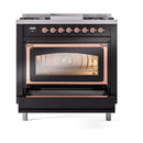 ILVE Nostalgie II Noblesse 36-Inch Natural Gas Dual Fuel Range and Triple Glass Door in Glossy Black with Copper Trim (UN36FNMPBKP)