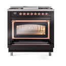 ILVE Nostalgie II Noblesse 36-Inch Propane Gas Dual Fuel Range and Triple Glass Door in Glossy Black with Copper Trim (UN36FNMPBKPLP)