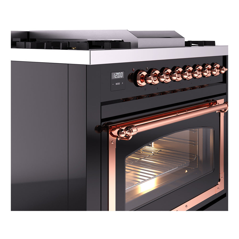 ILVE glossy black dual fuel range corner view with copper control knobs and oven door