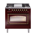 ILVE Nostalgie II Noblesse 36-Inch Natural Gas Dual Fuel Range and Triple Glass Door in Burgundy with Burnished Bronze Trim (UN36FNMPBUB)