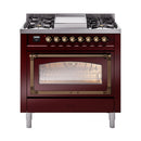ILVE Nostalgie II Noblesse 36-Inch Natural Gas Dual Fuel Range and Triple Glass Door in Burgundy with Bronze Trim (UN36FNMPBUB)
