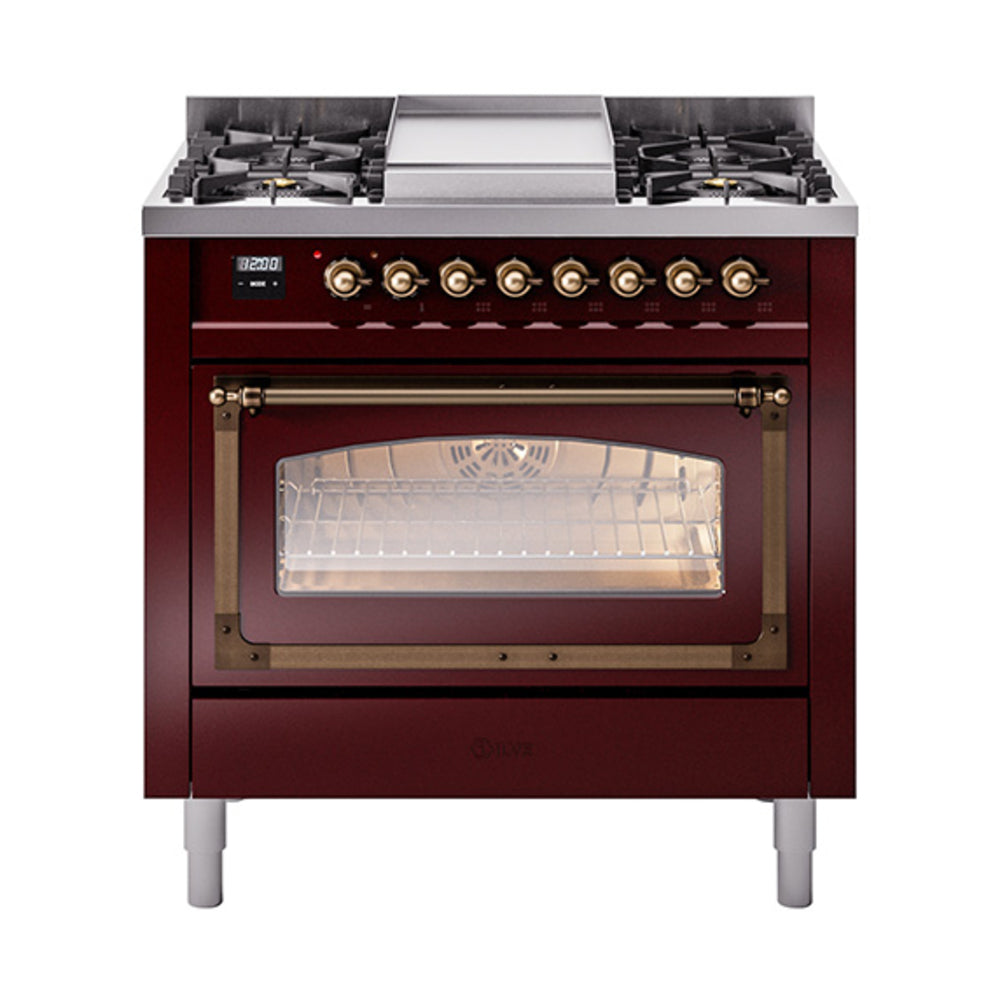 Burgundy dual fuel range with bronze-trim oven window and front control knobs