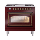 ILVE Nostalgie II Noblesse 36-Inch Natural Gas Dual Fuel Range and Triple Glass Door in Burgundy with Bronze Trim (UN36FNMPBUB)