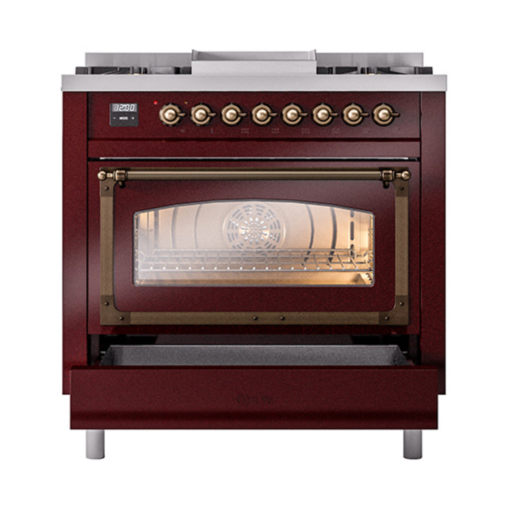Burgundy dual-fuel range with bronze control knobs and oven window, triple glass door