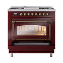 ILVE Nostalgie II Noblesse 36-Inch Natural Gas Dual Fuel Range and Triple Glass Door in Burgundy with Bronze Trim (UN36FNMPBUB)