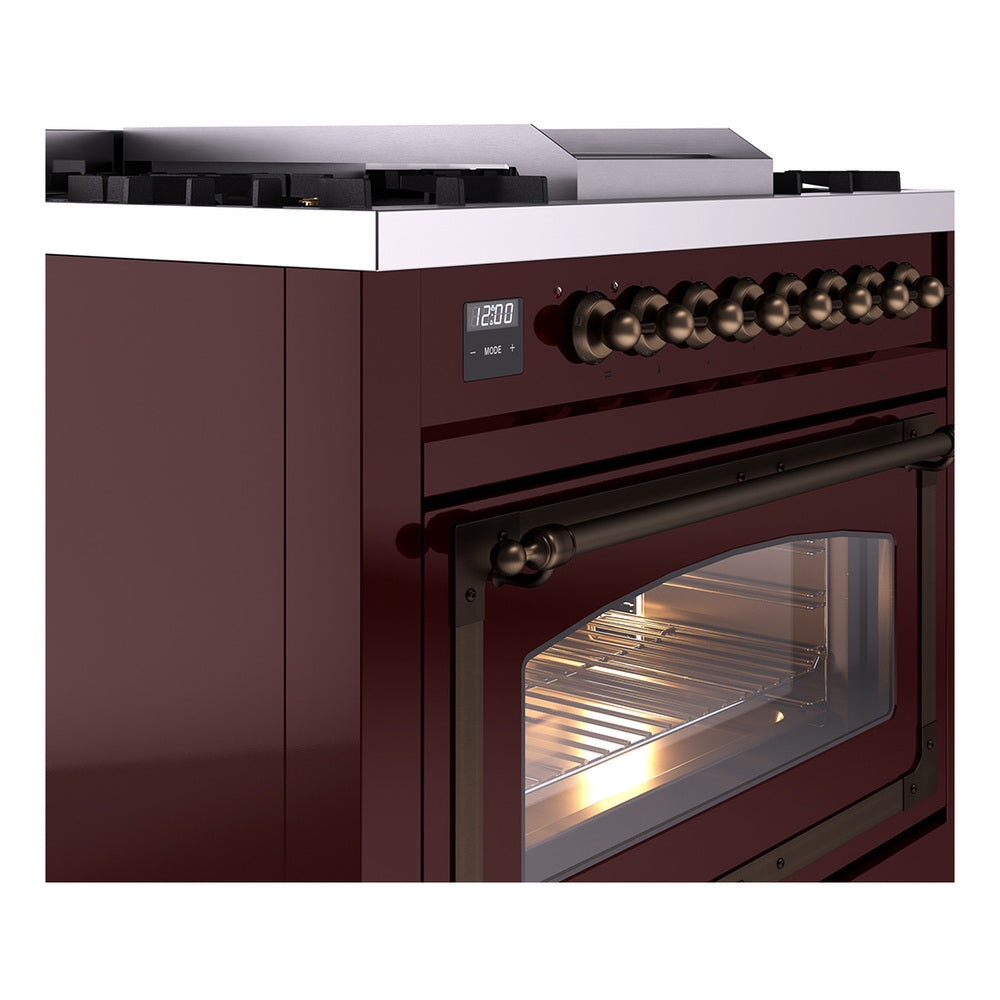 Burgundy range with bronze control panel and glass-front oven, triple door