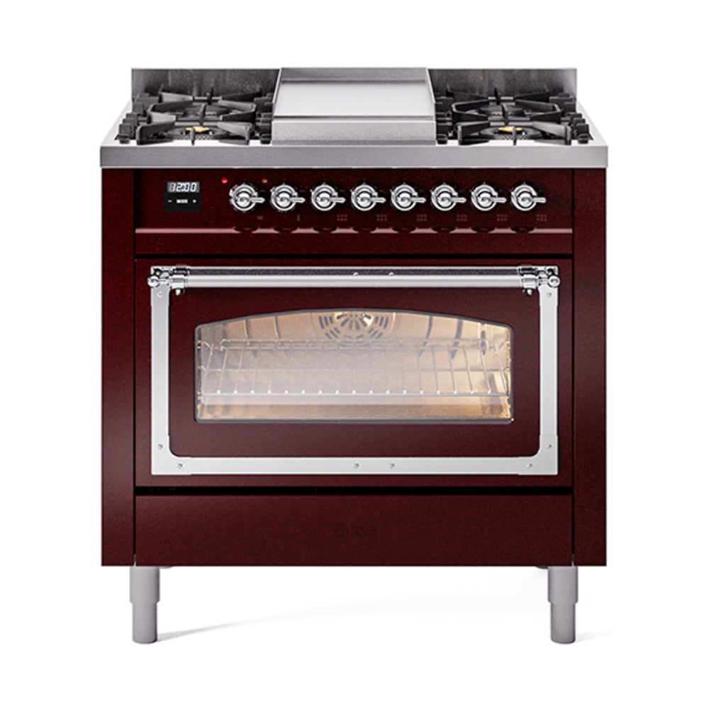 Burgundy dual fuel gas range with dual burners, chrome trim, and wide oven window