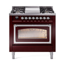 ILVE Nostalgie II Noblesse 36-Inch Propane Gas Dual Fuel Range and Triple Glass Door in Burgundy with Chrome Trim (UN36FNMPBUCLP)