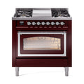 ILVE Nostalgie II Noblesse 36-Inch Natural Gas Dual Fuel Range and Triple Glass Door in Burgundy with Chrome Trim (UN36FNMPBUC)