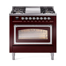 ILVE Nostalgie II Noblesse 36-Inch Natural Gas Dual Fuel Range and Triple Glass Door in Burgundy with Chrome Trim (UN36FNMPBUC)