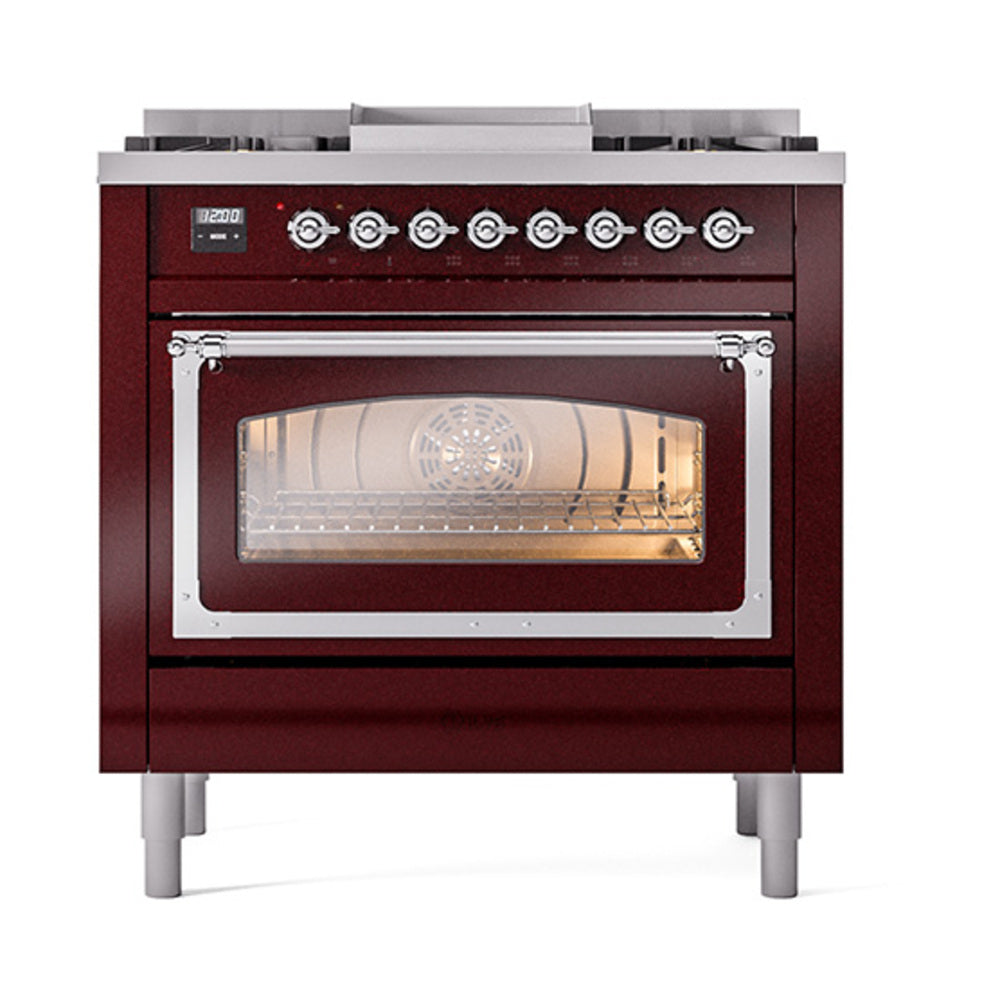 Burgundy dual fuel gas range with chrome control panel and lit oven door window