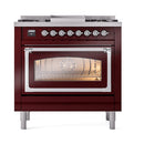 ILVE Nostalgie II Noblesse 36-Inch Propane Gas Dual Fuel Range and Triple Glass Door in Burgundy with Chrome Trim (UN36FNMPBUCLP)