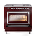 ILVE Nostalgie II Noblesse 36-Inch Propane Gas Dual Fuel Range and Triple Glass Door in Burgundy with Chrome Trim (UN36FNMPBUCLP)