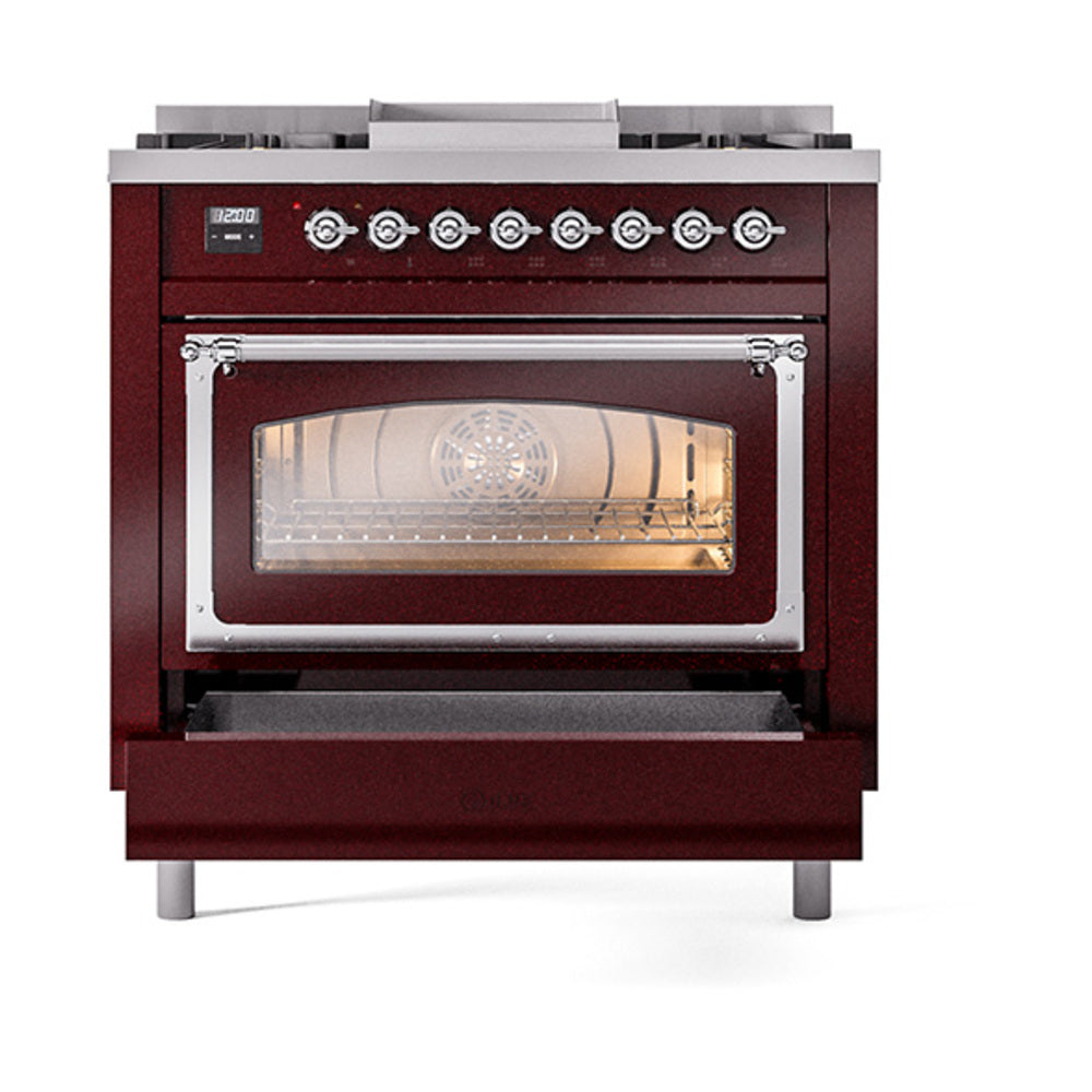 Burgundy dual fuel range with chrome-trim triple-glass oven door and control panel