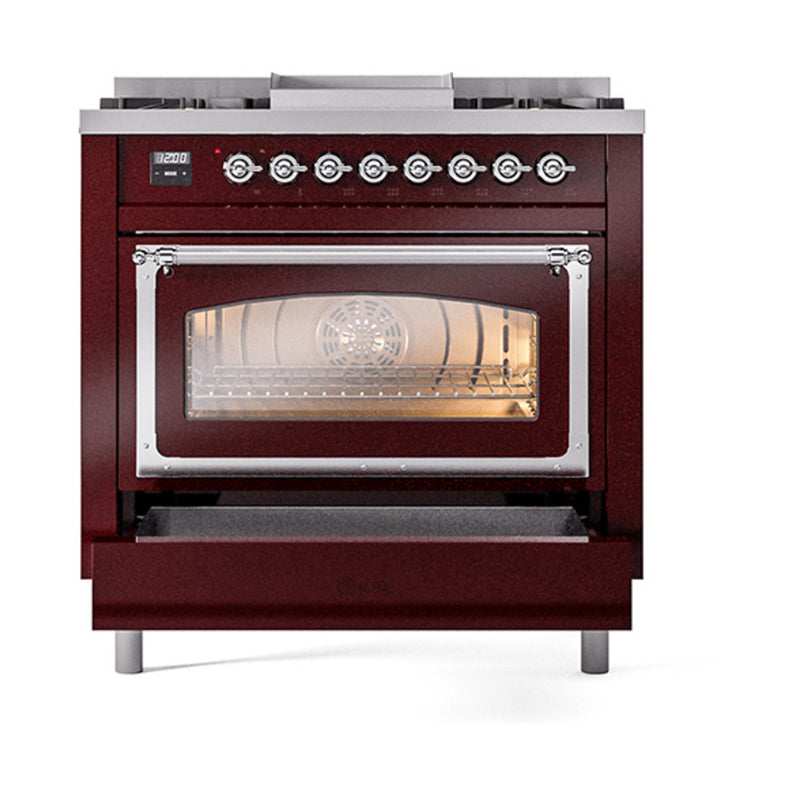 ILVE Nostalgie II Noblesse 36-Inch Dual Fuel Range and Triple Glass Door in Burgundy with Chrome Trim (UN36FNMPBUC)