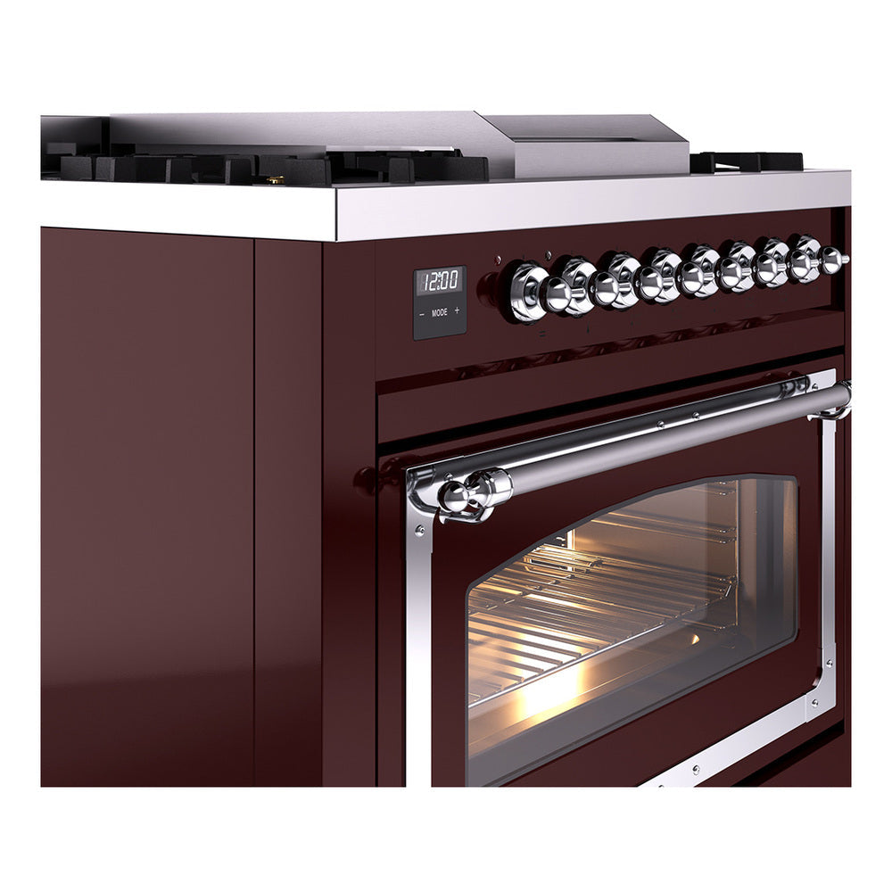 Burgundy dual fuel gas range side view with chrome handle and oven door window