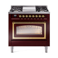 ILVE Nostalgie II Noblesse 36-Inch Natural Gas Dual Fuel Range and Triple Glass Door in Burgundy with Brass Trim (UN36FNMPBUG)