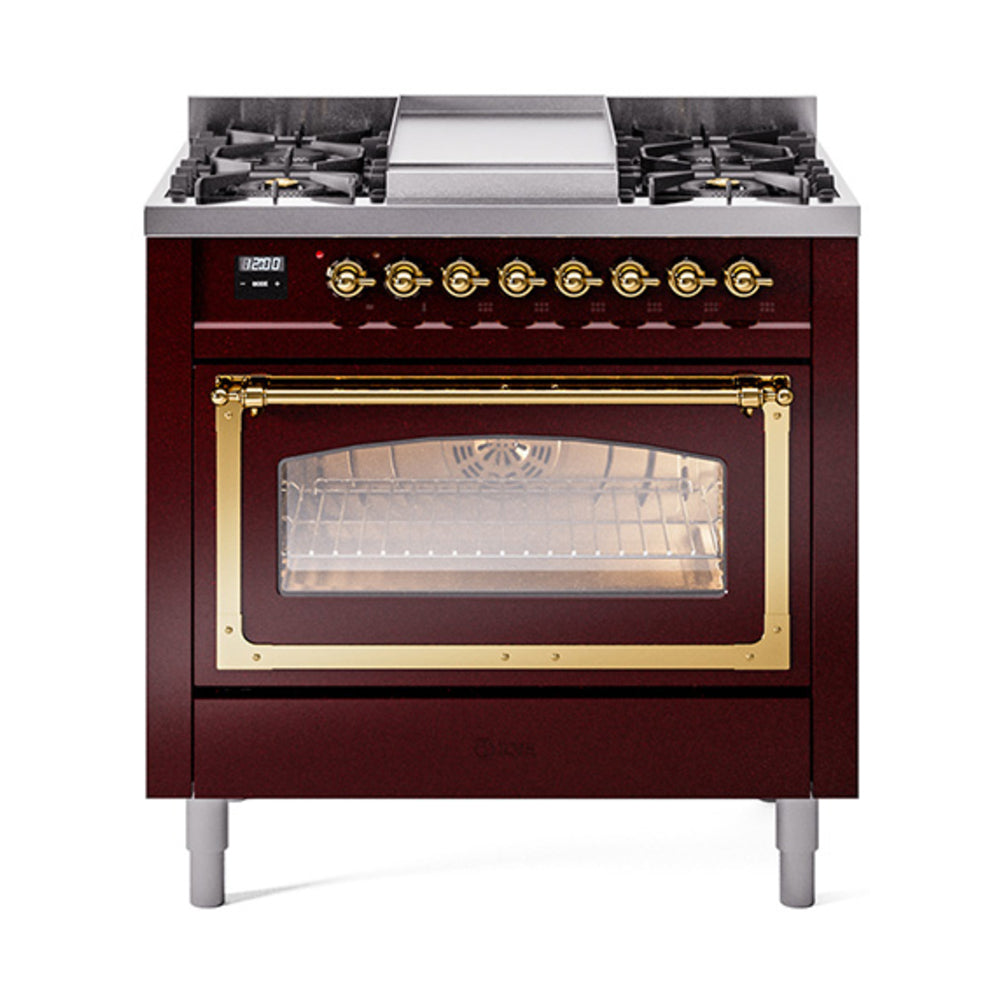 Burgundy gas range with brass trim, triple glass oven door and brass control knobs.