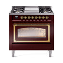 ILVE Nostalgie II Noblesse 36-Inch Propane Gas Dual Fuel Range and Triple Glass Door in Burgundy with Brass Trim (UN36FNMPBUGLP)