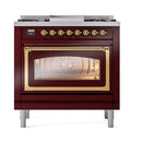ILVE Nostalgie II Noblesse 36-Inch Propane Gas Dual Fuel Range and Triple Glass Door in Burgundy with Brass Trim (UN36FNMPBUGLP)