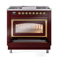ILVE Nostalgie II Noblesse 36-Inch Natural Gas Dual Fuel Range and Triple Glass Door in Burgundy with Brass Trim (UN36FNMPBUG)