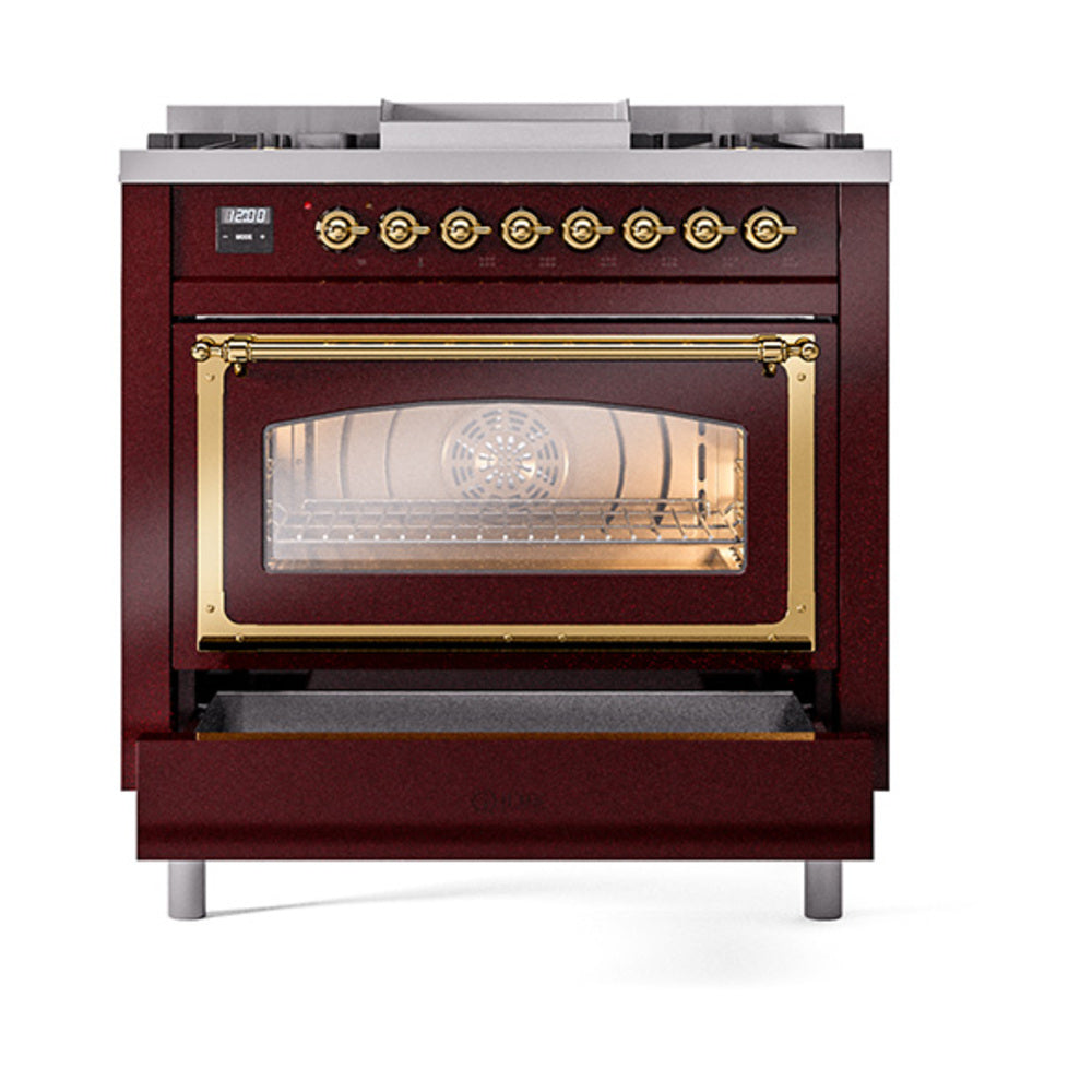 Burgundy gas range with brass trim, glowing oven window and decorative brass door handle.