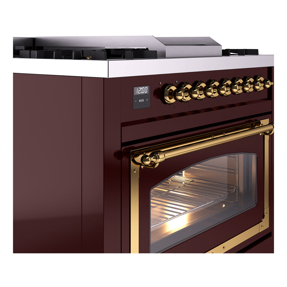 Burgundy range side view with brass control knobs and glass oven window
