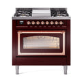 ILVE Nostalgie II Noblesse 36-Inch Natural Gas Dual Fuel Range and Triple Glass Door in Burgundy with Copper Trim (UN36FNMPBUP)