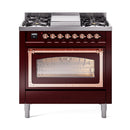 ILVE Nostalgie II Noblesse 36-Inch Propane Gas Dual Fuel Range and Triple Glass Door in Burgundy with Copper Trim (UN36FNMPBUPLP)