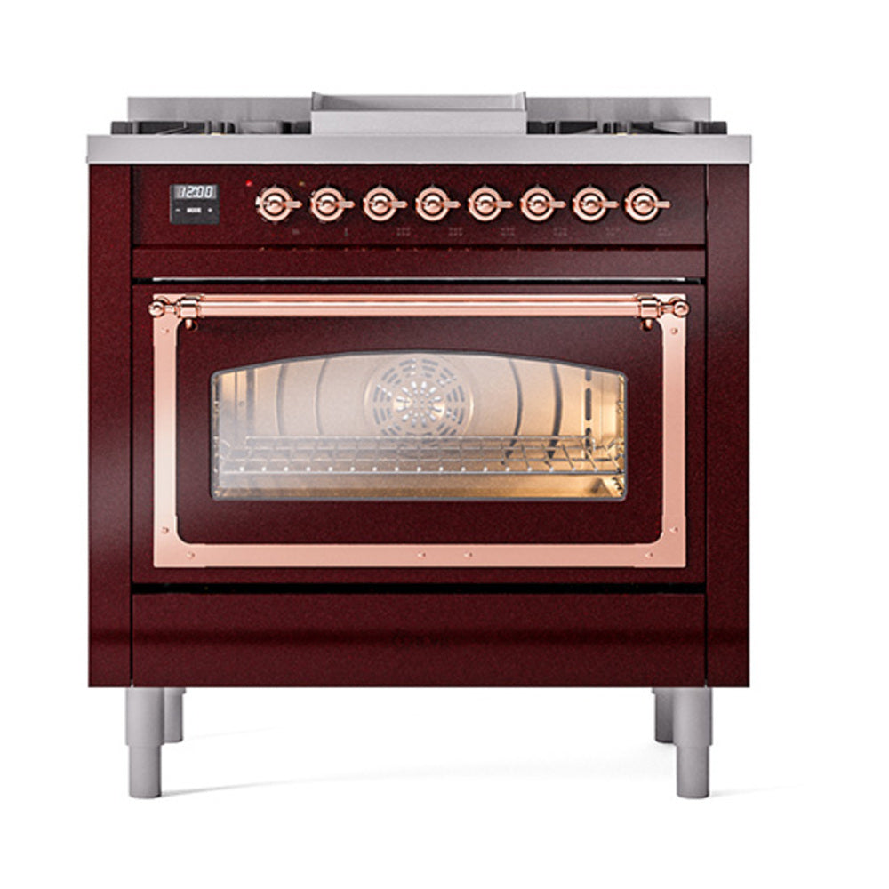 Burgundy ILVE dual-fuel gas range with open oven and copper-trimmed glass door