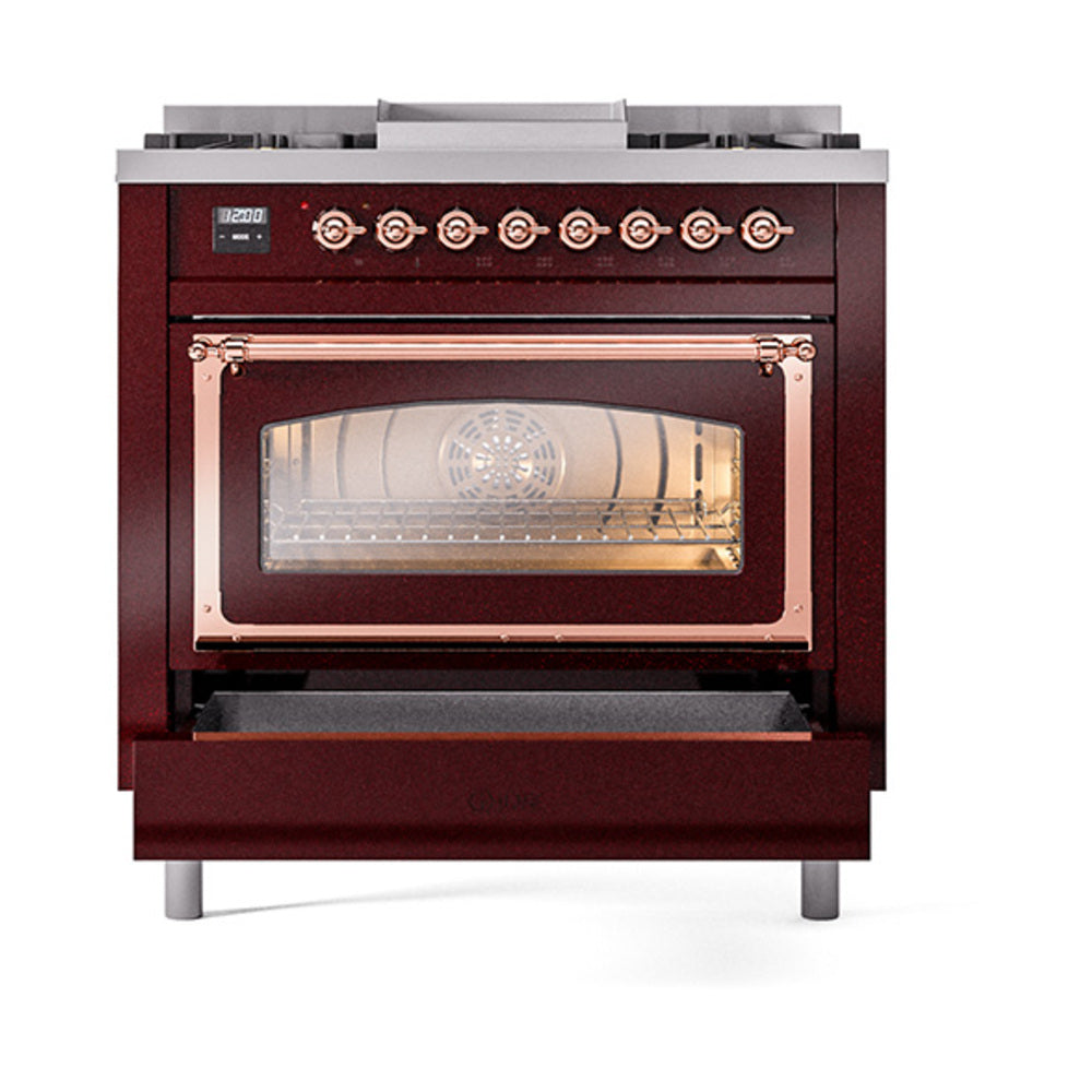 Burgundy ILVE dual-fuel gas range with lit oven window and copper-trimmed handle