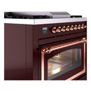 ILVE Nostalgie II Noblesse 36-Inch Natural Gas Dual Fuel Range and Triple Glass Door in Burgundy with Copper Trim (UN36FNMPBUP)