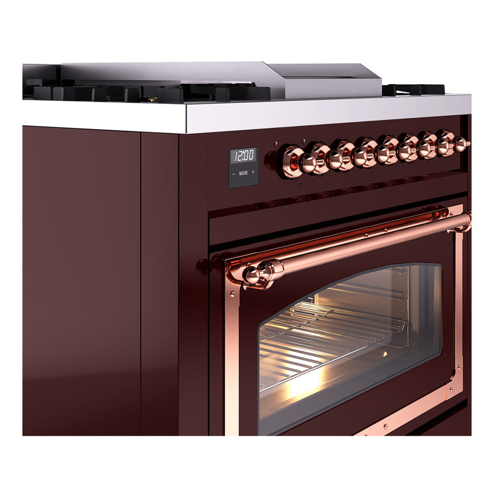 Burgundy ILVE dual-fuel gas range with copper oven handle and control knobs