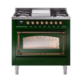 ILVE Nostalgie II Noblesse 36-Inch Natural Gas Dual Fuel Range and Triple Glass Door in Emerald Green with Burnished Bronze Trim (UN36FNMPEGB)