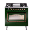 ILVE Nostalgie II Noblesse 36-Inch Propane Gas Dual Fuel Range and Triple Glass Door in Emerald Green with Bronze Trim (UN36FNMPEGBLP)
