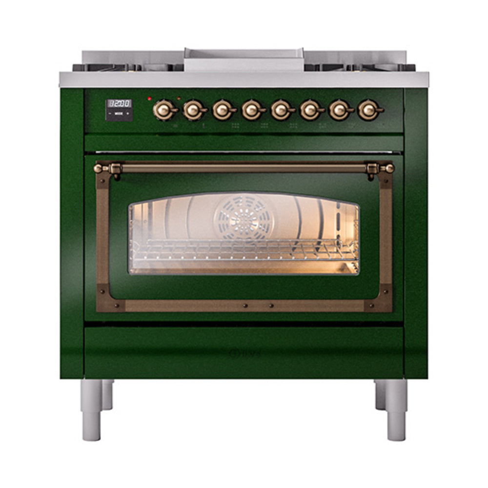 Emerald green dual fuel range with open triple glass oven door showing interior racks